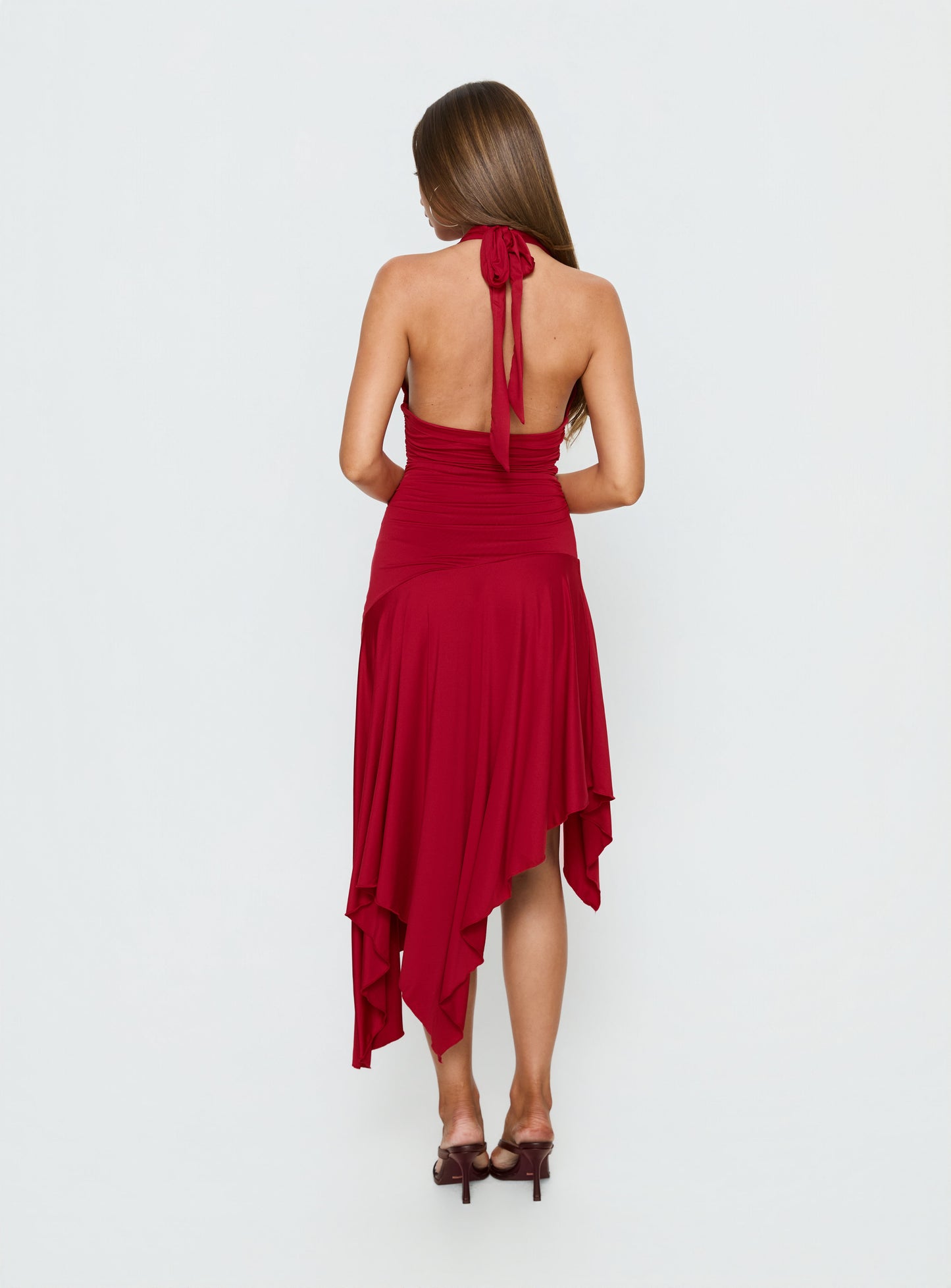 Emara Halter Asymmetrical Midi Dress Red