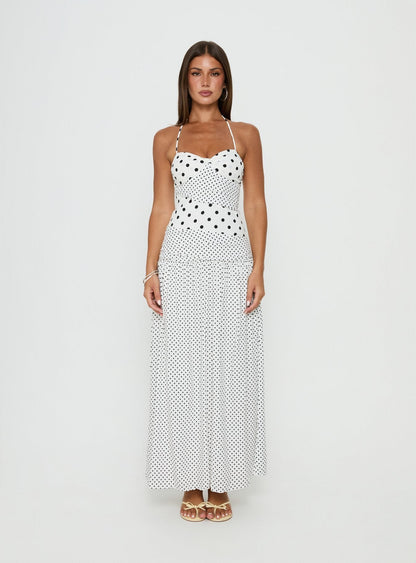 Marguerite Halter Maxi Dress White Polka Petite