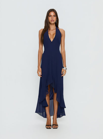 Agata Halter Frill Maxi Dress Navy