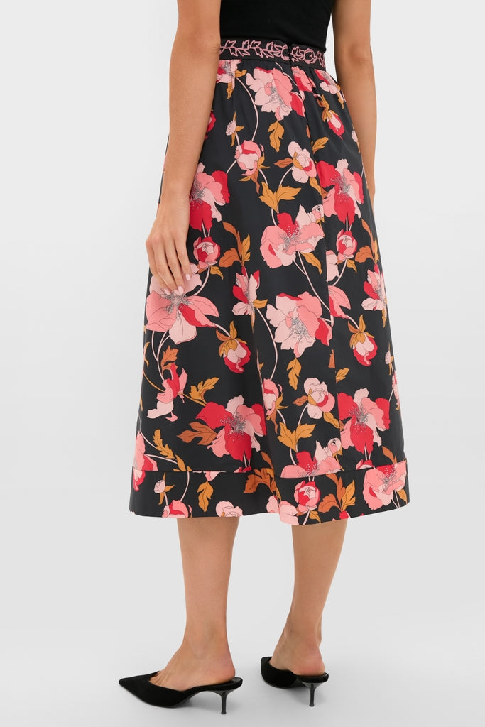 Black & Shades of Pink Floral Embroidered Sia Maxi Skirt