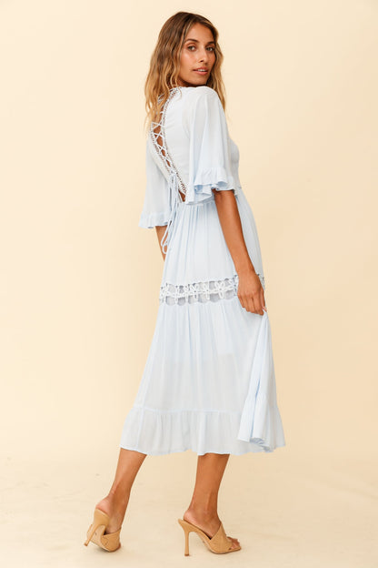 Feeling Groovy Bell Sleeve Crochet Trim Maxi Dress Ice Blue