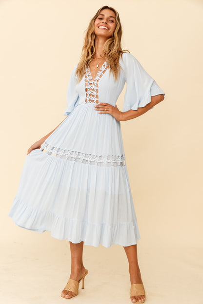 Feeling Groovy Bell Sleeve Crochet Trim Maxi Dress Ice Blue