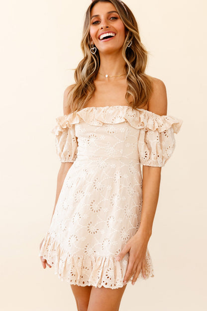 Up Front Puff Sleeve String-Tie Halterneck Embroidery Dress Beige