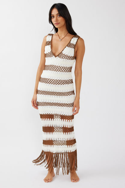 Ximena Tassel Hem Crochet Midi Dress White/Mocha