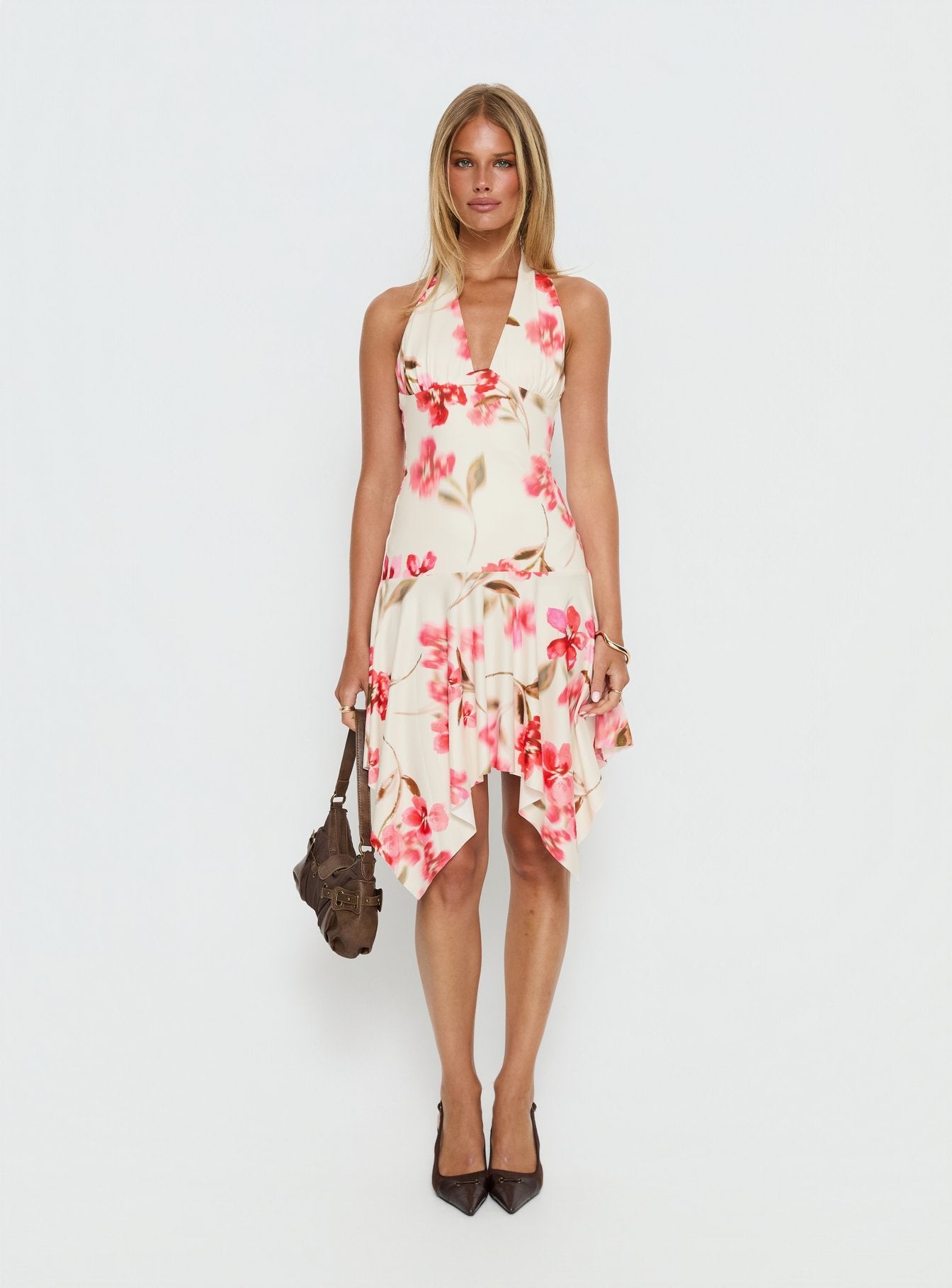 Loreza Halter Asymmetrical Midi Dress Cream Floral