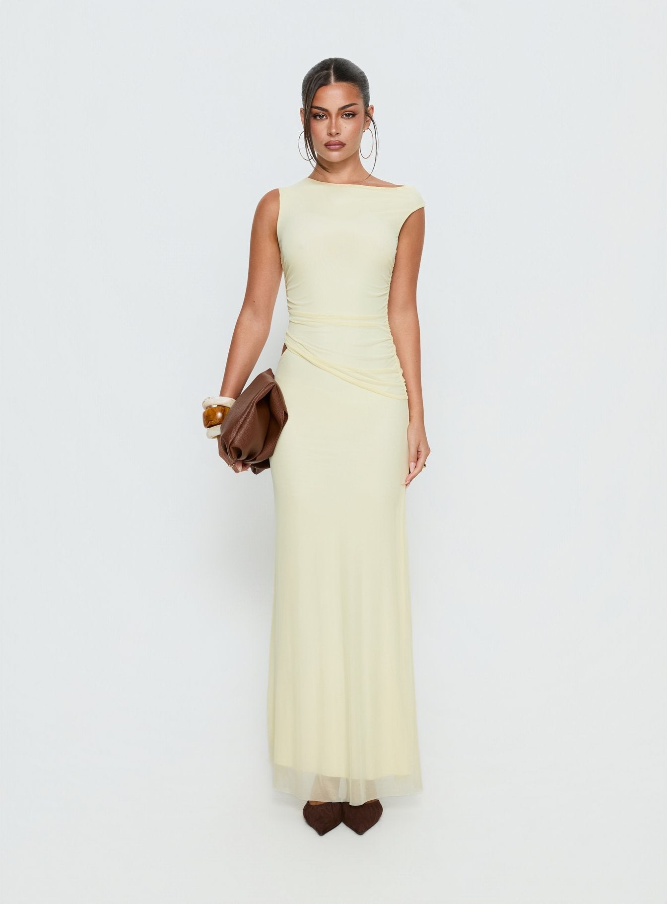Krystyna Off Shoulder Ruched Mesh Maxi Dress Butter