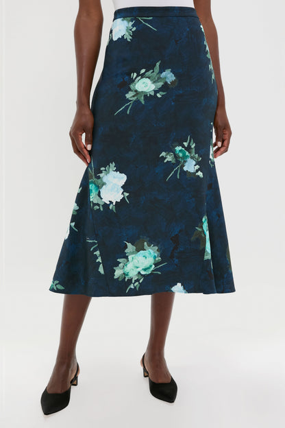 Abstract Rose Navy Fluted Midi Skirt