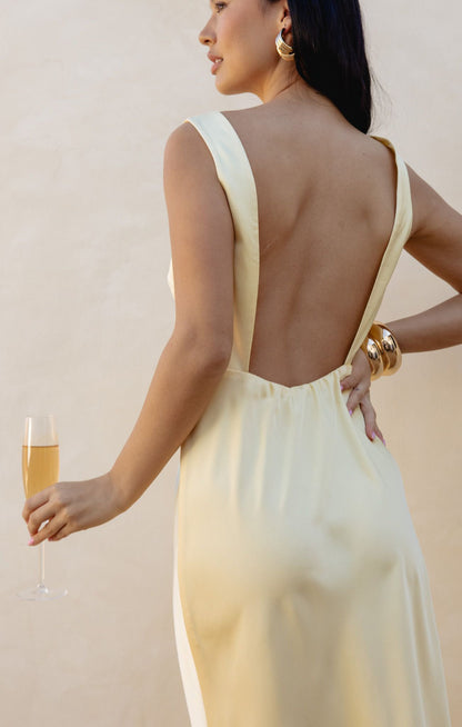 Candice Dress ~ Pale Yellow Luxe Satin