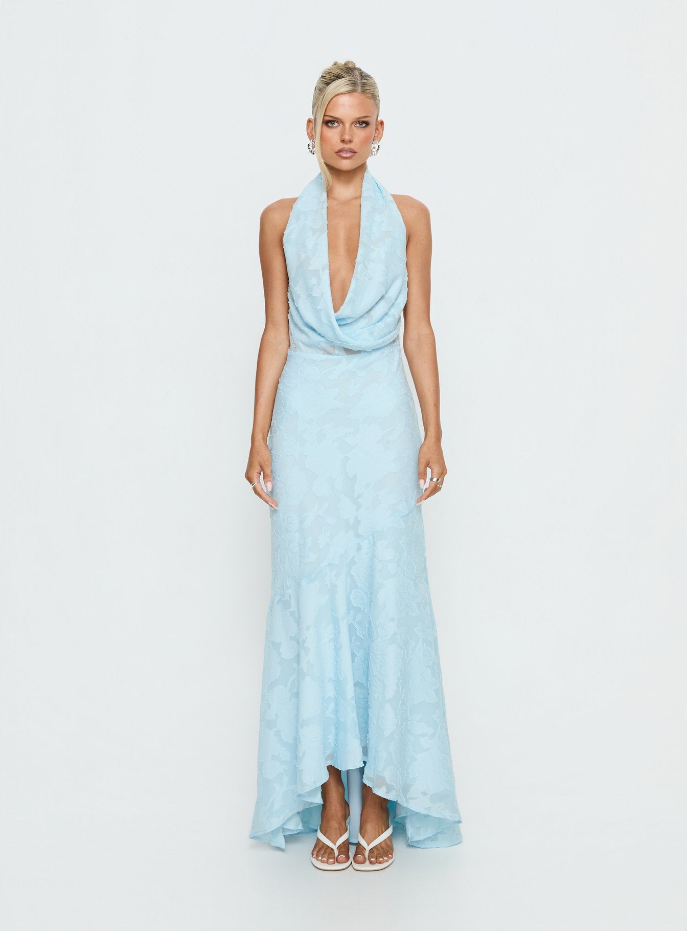 Invisible String Cowl Plunge Backless Maxi Dress Light Blue