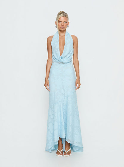 Invisible String Cowl Plunge Backless Maxi Dress Light Blue