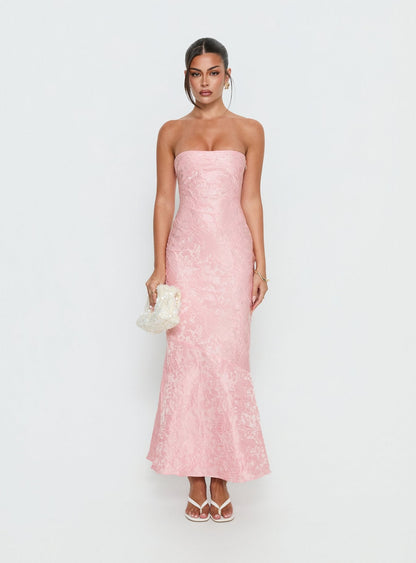 Lips Are Sealed Strapless Lace-Up Back Maxi Dress Pink
