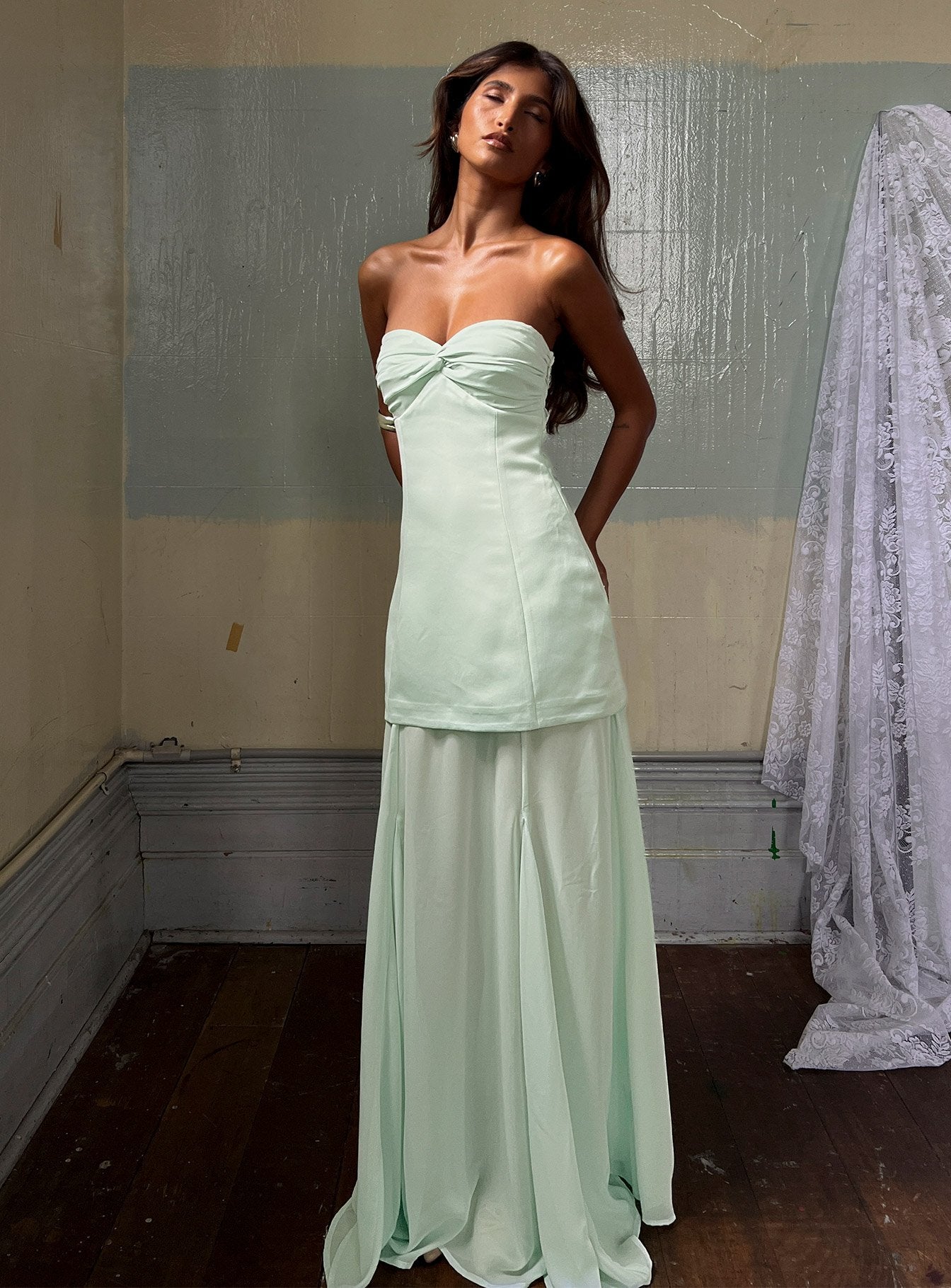 Flashy Sheer Chiffon Strapless Maxi Dress Green