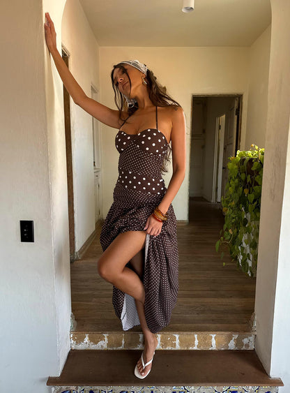 Marguerite Halter Maxi Dress Brown Polka Dot