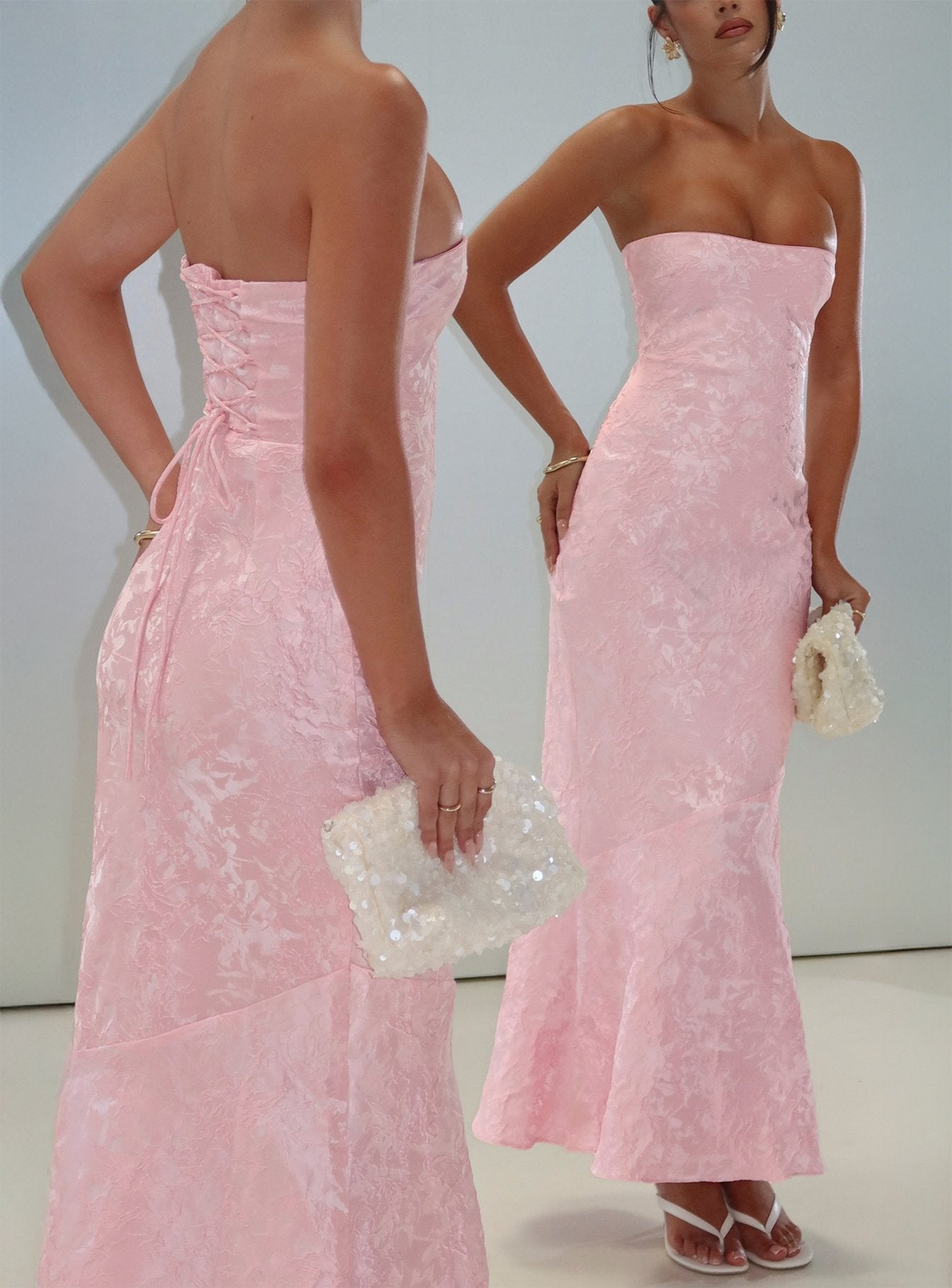 Lips Are Sealed Strapless Lace-Up Back Maxi Dress Pink