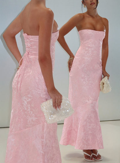 Lips Are Sealed Strapless Lace-Up Back Maxi Dress Pink