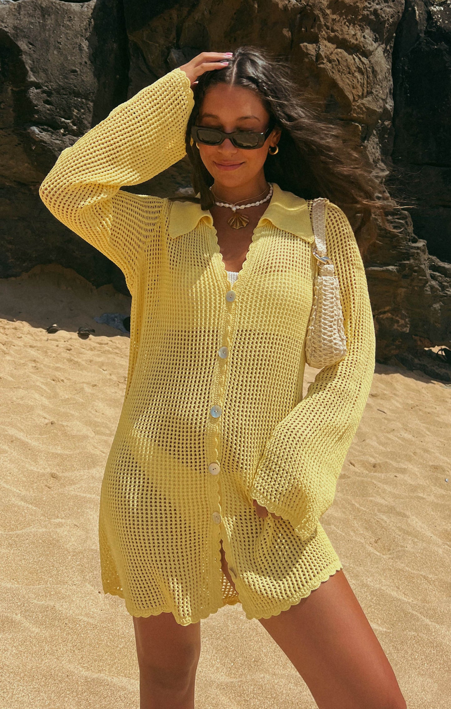 Button Up Coverup ~ Yellow Crochet