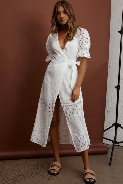 Arlington Eyelet Detail Wrap Midi Dress White