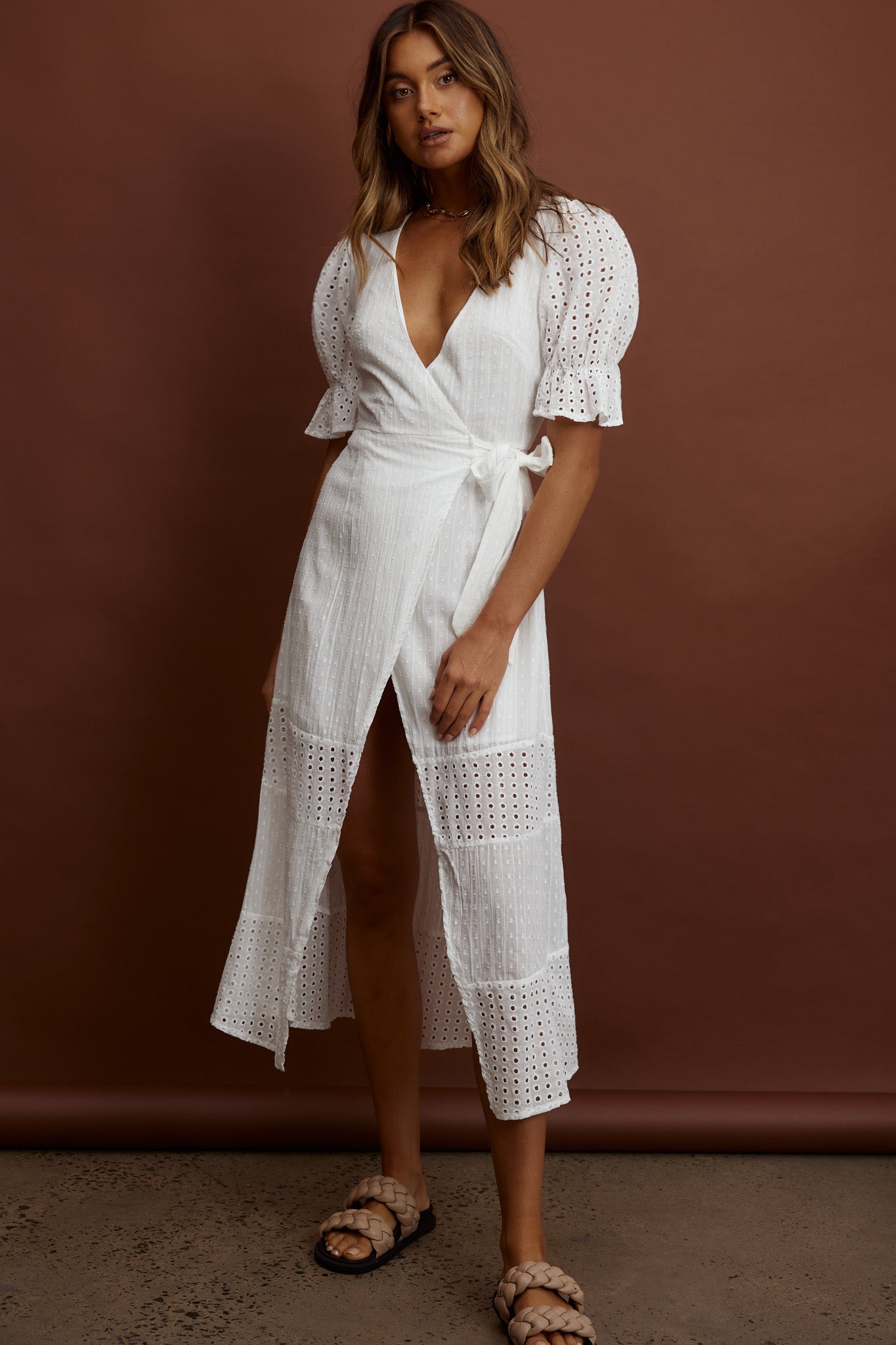 Arlington Eyelet Detail Wrap Midi Dress White