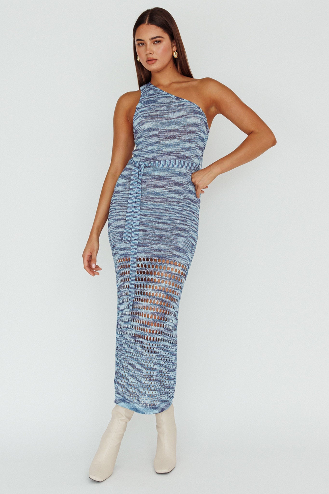 Tyanna One-Shoulder Knit Midi Dress Blue Multi