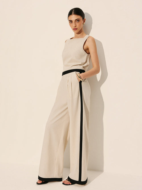 Linen & Cotton Zipper Contrast Binding Pants Set