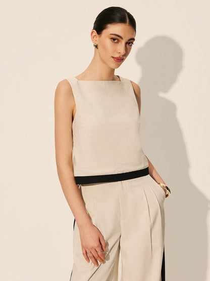 Linen & Cotton Zipper Contrast Binding Pants Set