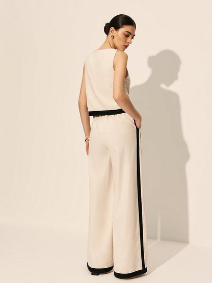 Linen & Cotton Zipper Contrast Binding Pants Set