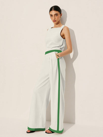 Linen & Cotton Zipper Contrast Binding Pants Set