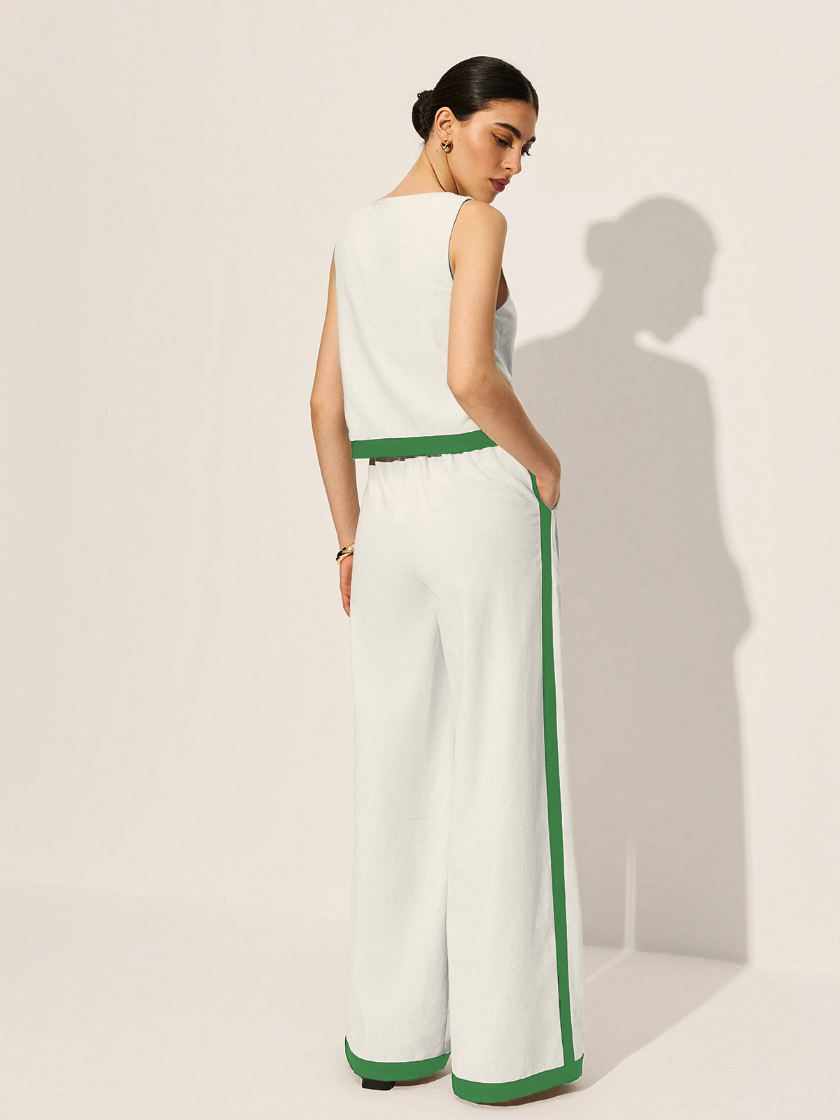 Linen & Cotton Zipper Contrast Binding Pants Set