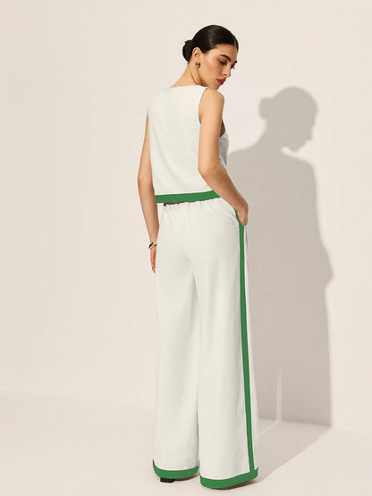 Linen & Cotton Zipper Contrast Binding Pants Set
