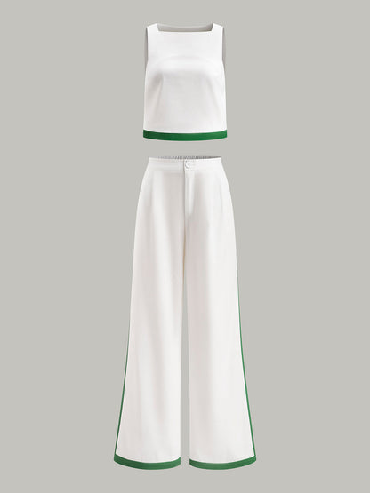 Linen & Cotton Zipper Contrast Binding Pants Set