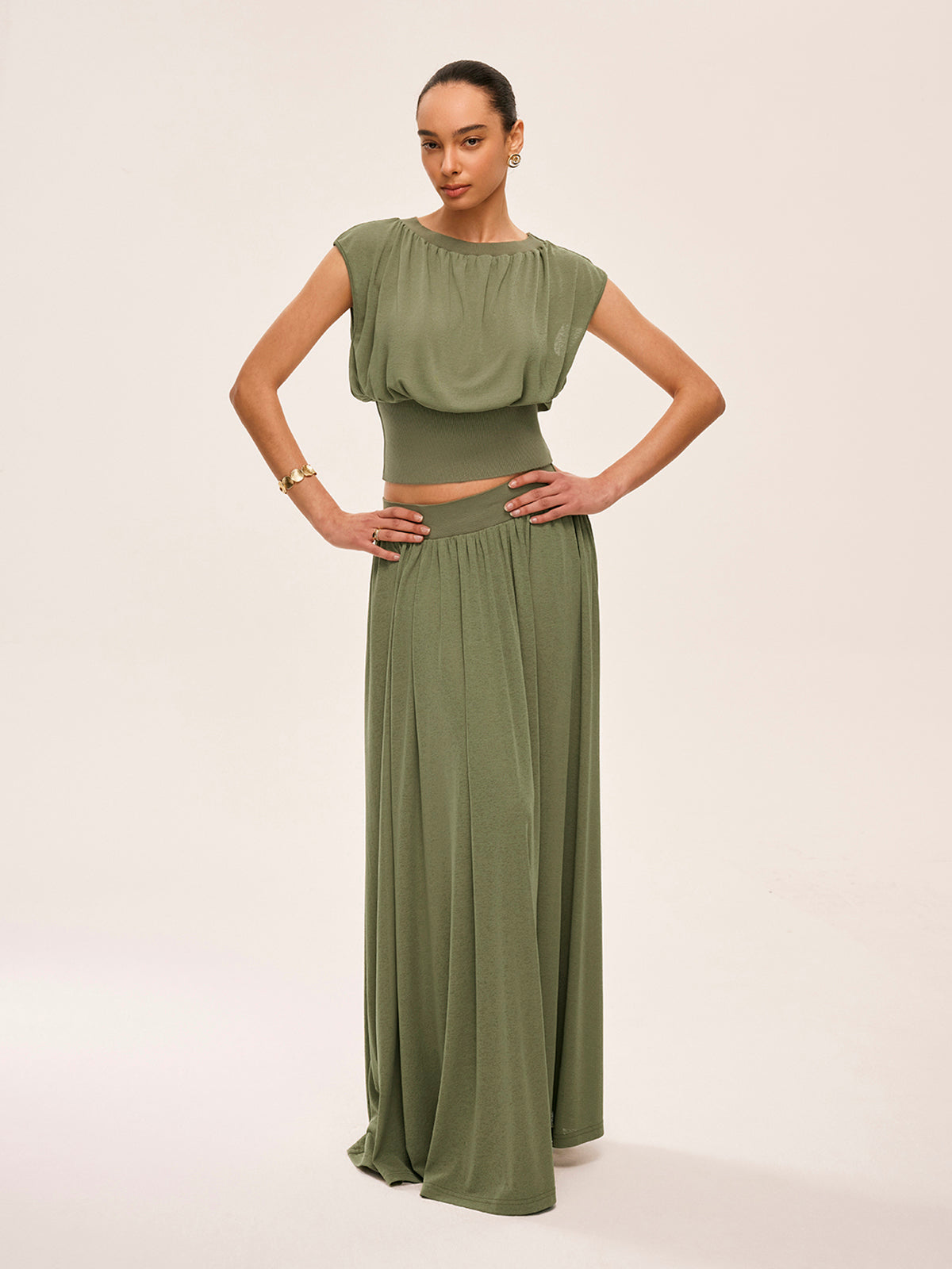 Gathered Waist Top With Flowy Skirt Set
