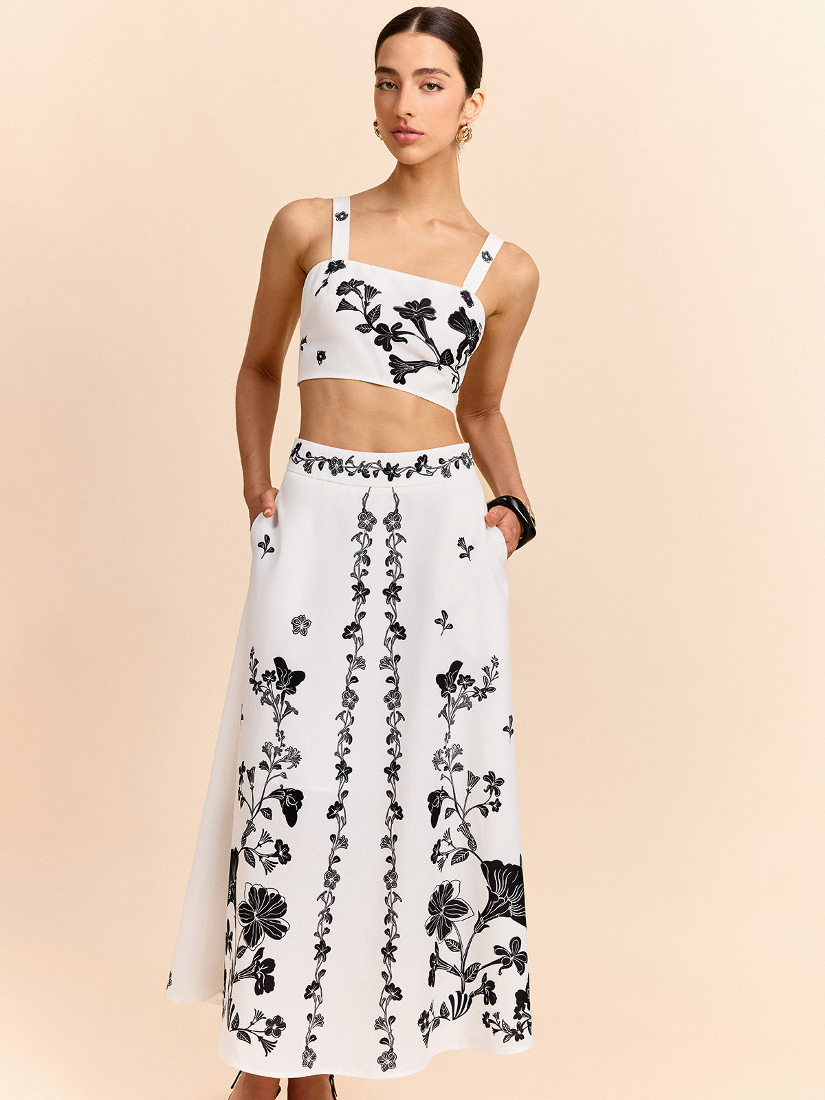 Floral Embroidered Crop Top and Midi Skirt Set