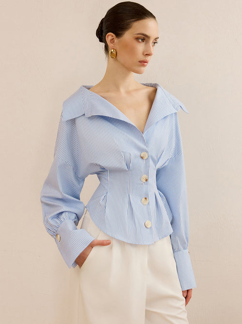Striped Collared Shirt with Waist-Cinching Design