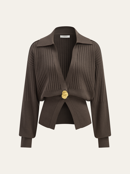 Oversized Ribbed Collared Metal Button Cardigan