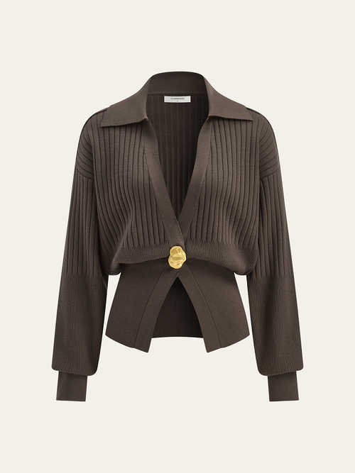 Oversized Ribbed Collared Metal Button Cardigan