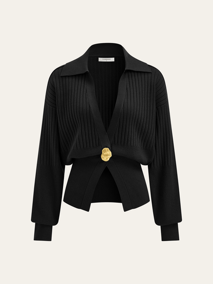 Oversized Ribbed Collared Metal Button Cardigan