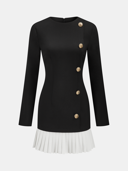 Pleated Hem Panel Asymmetric Metal Detail Mini Dress