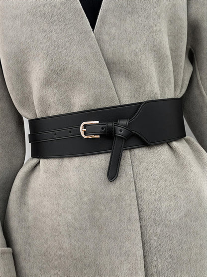 Wide PU Leather Belt with Gold-Tone Buckle