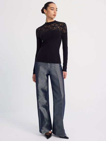 Sheer-Lace Paneled Knit Sweater