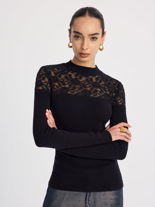 Sheer-Lace Paneled Knit Sweater