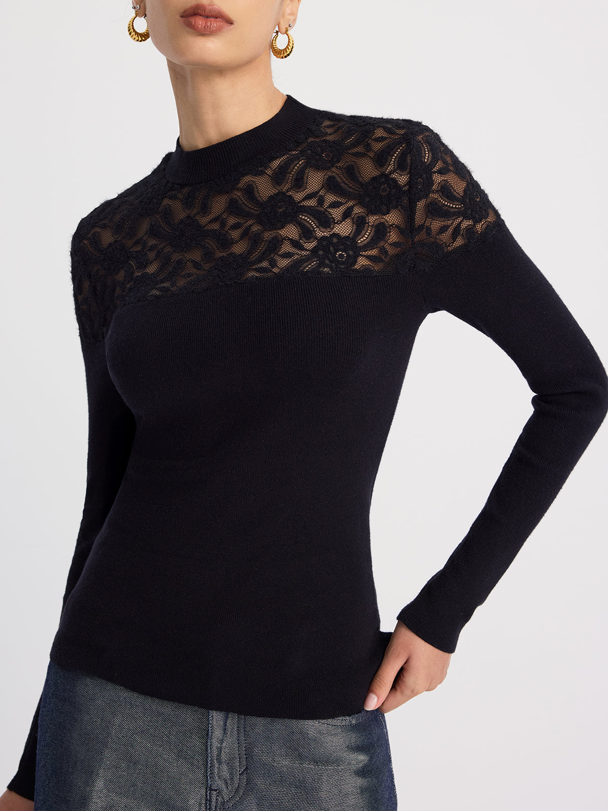 Sheer-Lace Paneled Knit Sweater