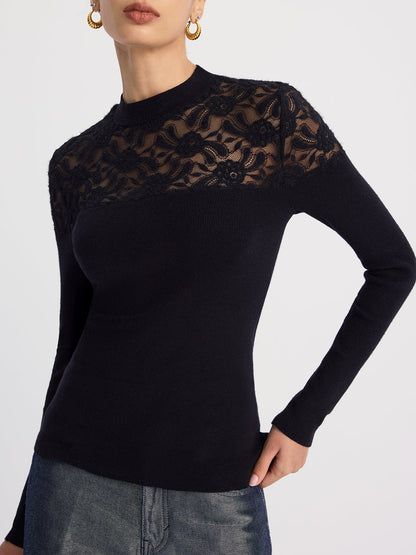 Sheer-Lace Paneled Knit Sweater