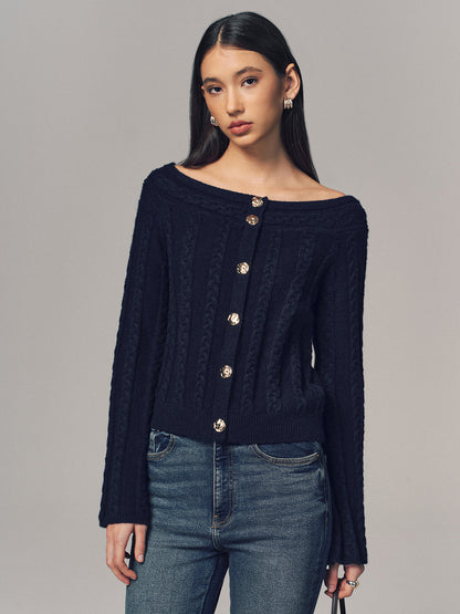 Multi-Way Cable Knit Boat Neck Metal Detail Knitted Top