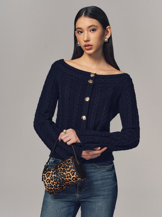 Multi-Way Cable Knit Boat Neck Metal Detail Knitted Top