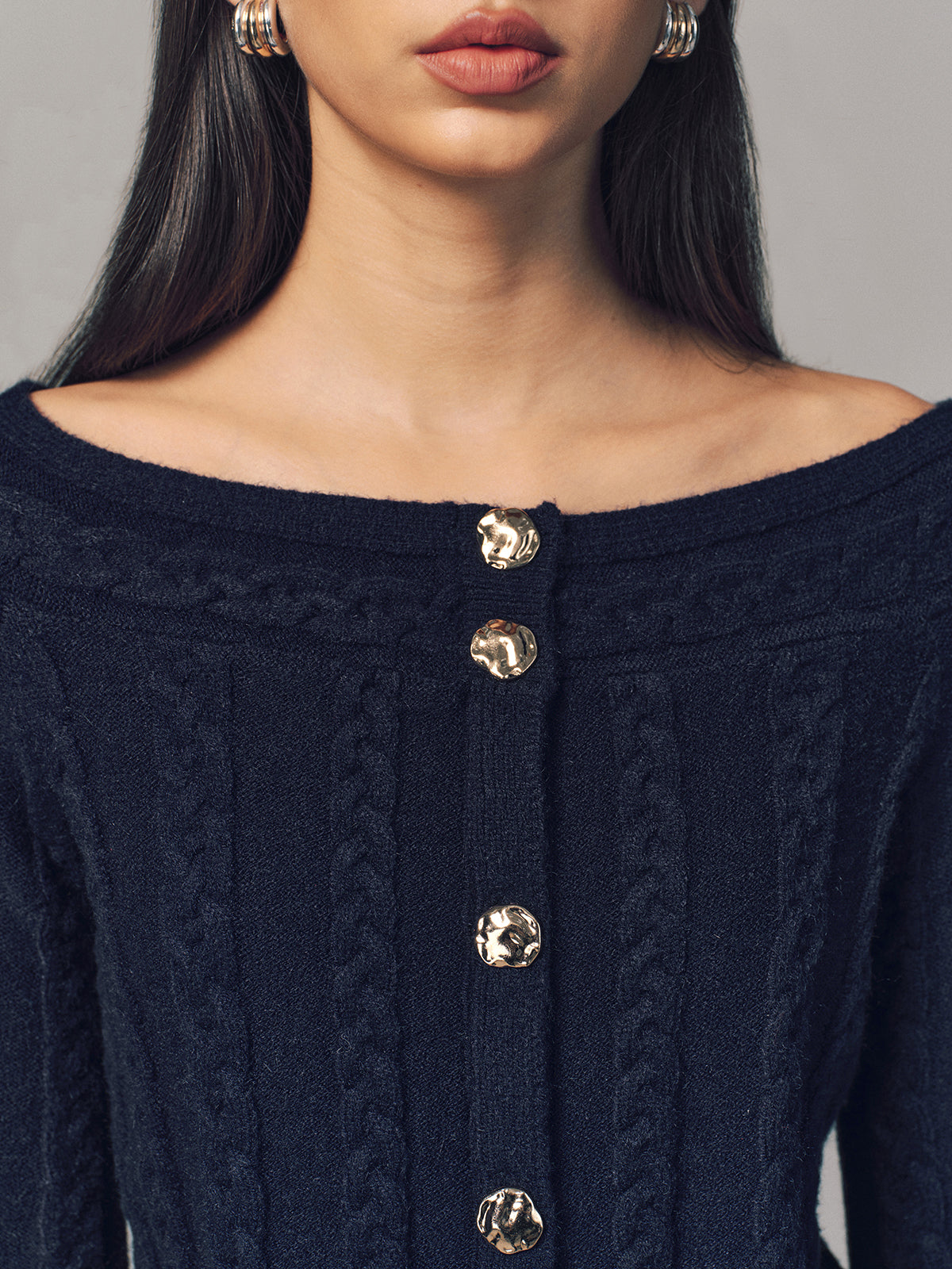 Multi-Way Cable Knit Boat Neck Metal Detail Knitted Top