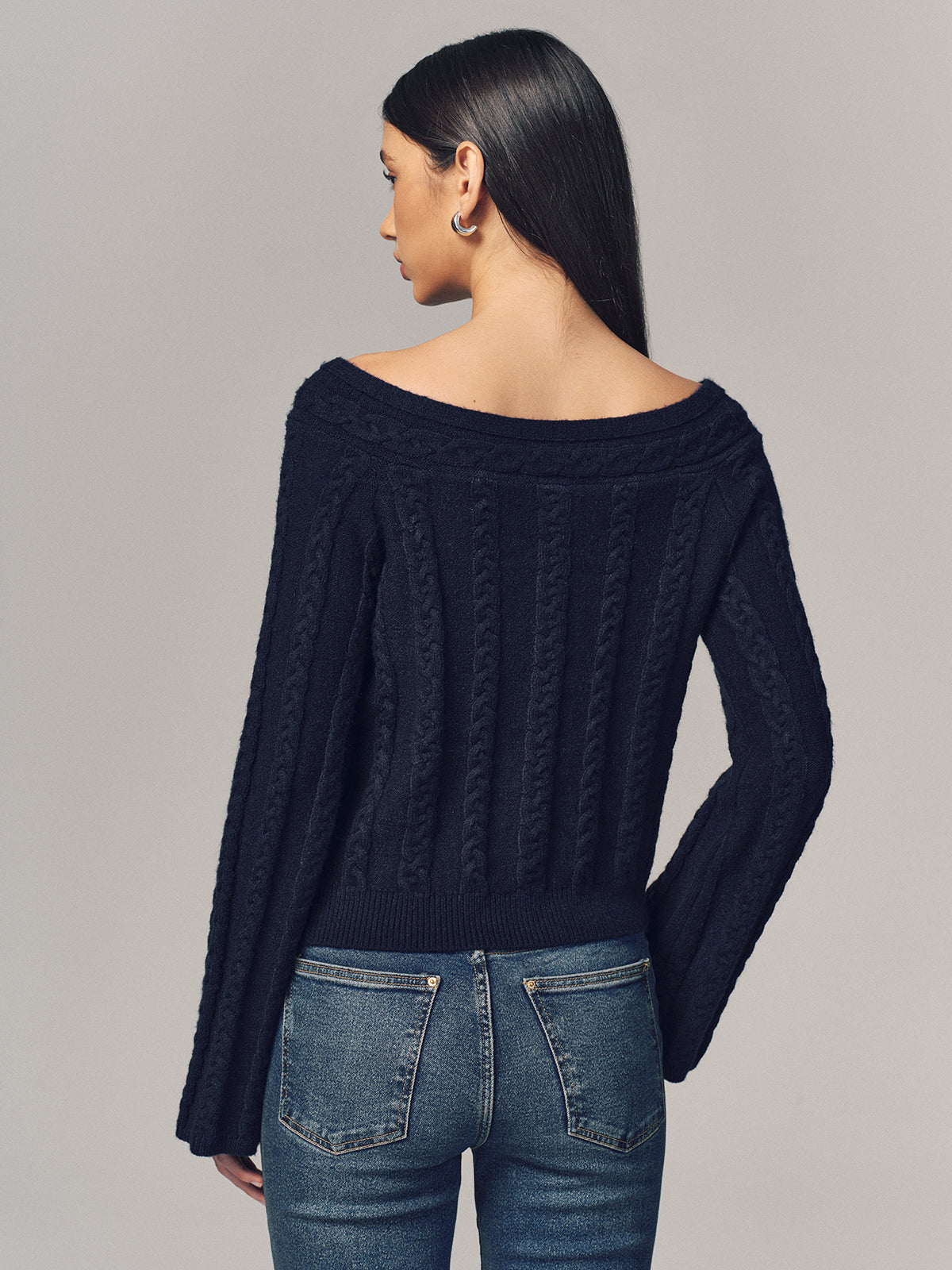 Multi-Way Cable Knit Boat Neck Metal Detail Knitted Top