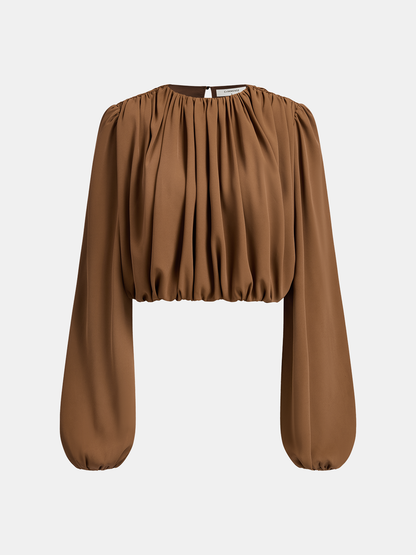 Loose Ruched Puff-Sleeve Cropped Blouse