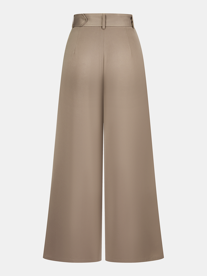 Belted Satin Pleated Wide-Leg Pants