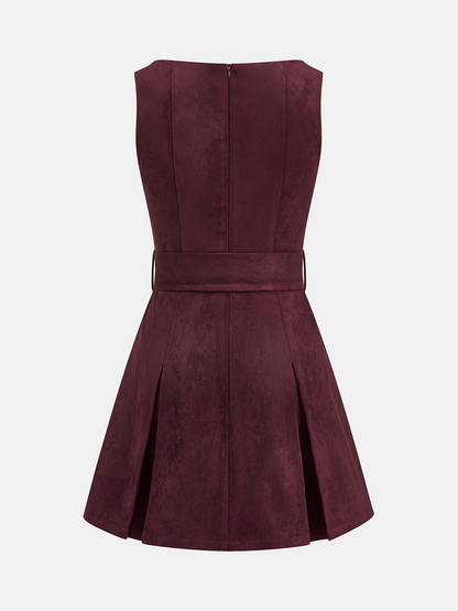 Belted Suede Pleated Mini Dress