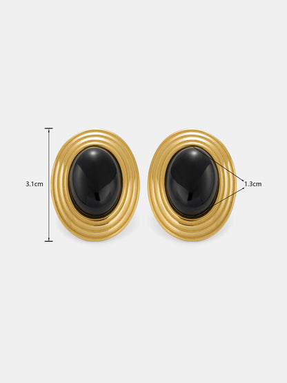 Textured Frame Black Oval Stone Stud Earrings